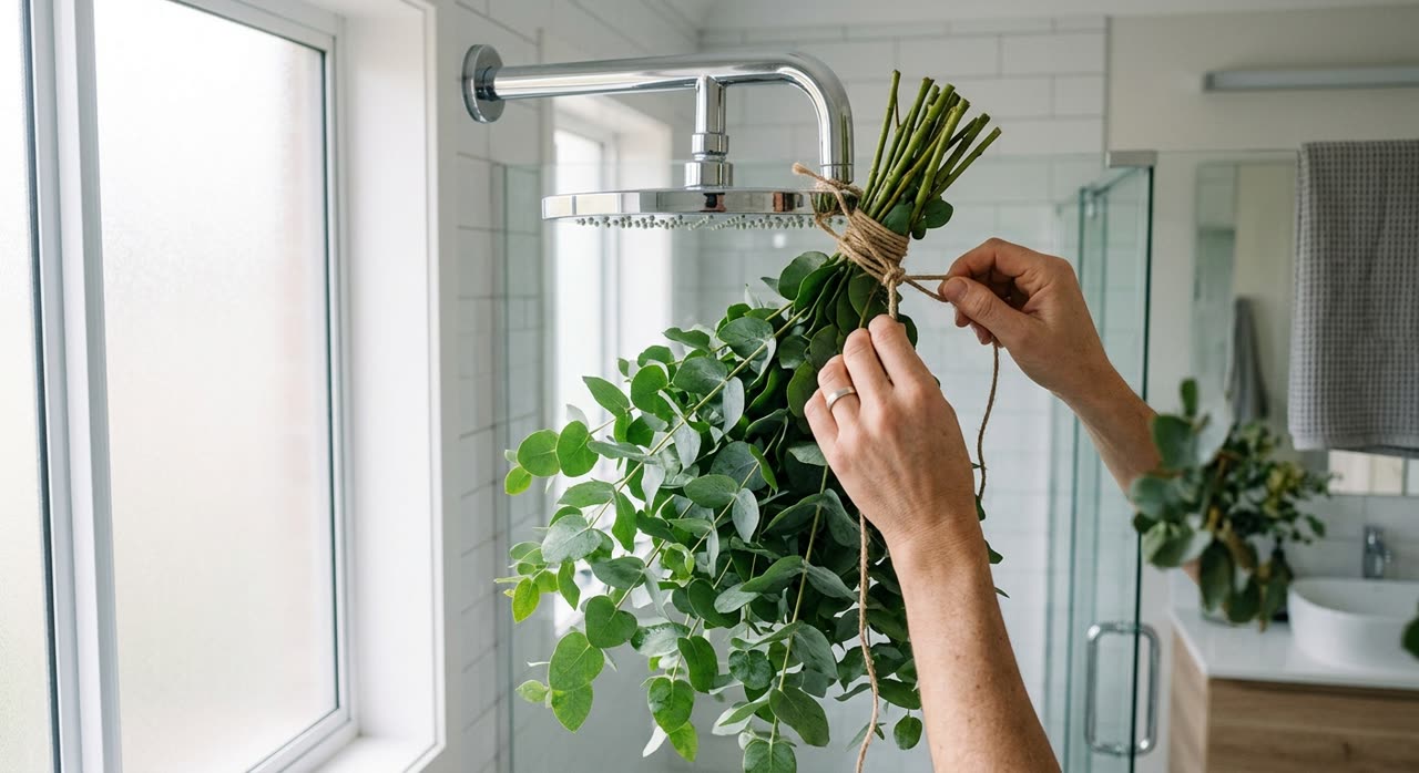 Hands tying eucalyptus for a shower
