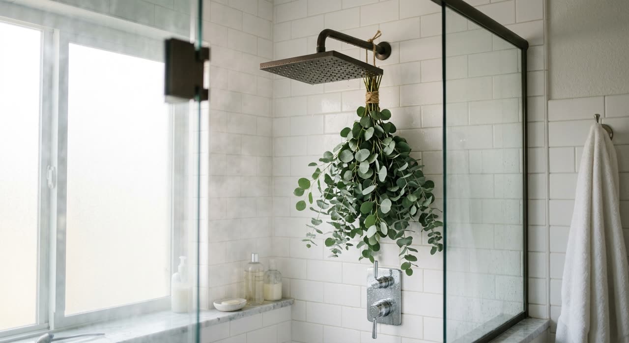 Eucalyptus hanging under a shower head